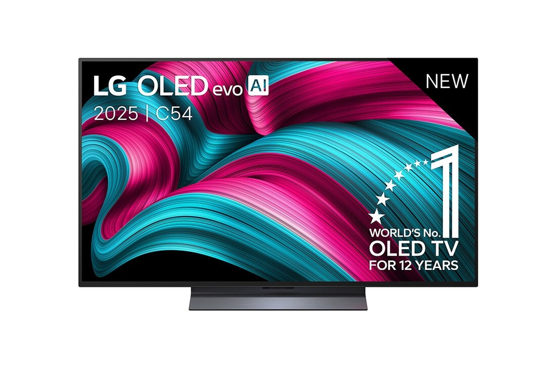LG Smart TV LG OLED evo AI 4K C5 2025 48 pouces, Vue avant de la Smart TV LG OLED evo AI C5 4K. L’emblème OLED numéro 1 dans le monde pendant 12 ans et le logo LG OLED evo AI 2025 sont à l’écran., OLED48C54LA