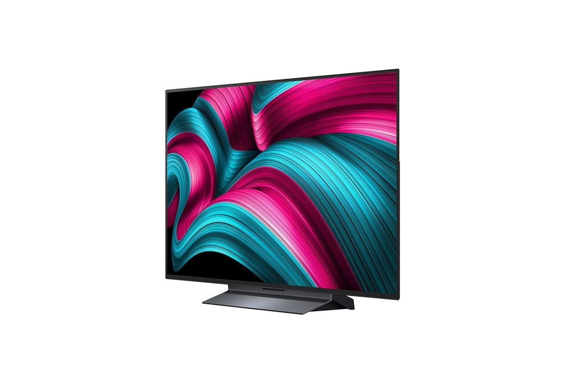LG Smart TV LG OLED evo AI 4K C5 2025 48 pouces, Vue avant et latérale de la Smart TV LG OLED evo AI C5 4K montrant ses dimensions de longueur, largeur, hauteur et profondeur., OLED48C54LA, thumbnail 4