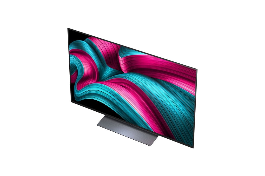 LG Smart TV LG OLED evo AI 4K C5 2025 48 pouces, Feu de camp la nuit en plein milieu de la nature. Au loin se trouve une forêt et un lac. Le ciel nocturne est rempli d’étoiles. Toute la scène est divisée en deux. Un côté est plus sombre et plus tern, OLED48C54LA, thumbnail 6