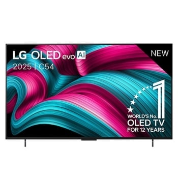 Front view of LG OLED evo AI C5 4K Smart TV. 12 Years of world number 1 OLED emblem and LG OLED evo AI 2025 logo are on the screen.