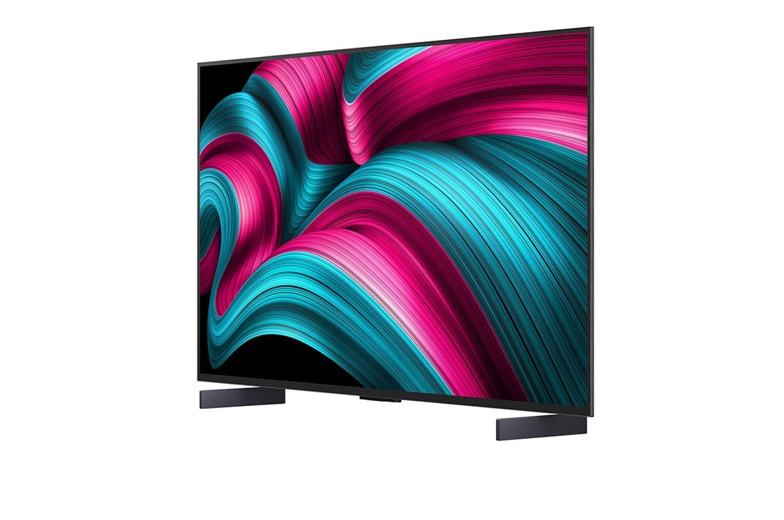 LG Smart TV LG OLED evo AI 4K C5 2025 42 pouces, Vue avant et latérale de la Smart TV LG OLED evo AI C5 4K montrant ses dimensions de longueur, largeur, hauteur et profondeur., OLED42C54LA, thumbnail 4