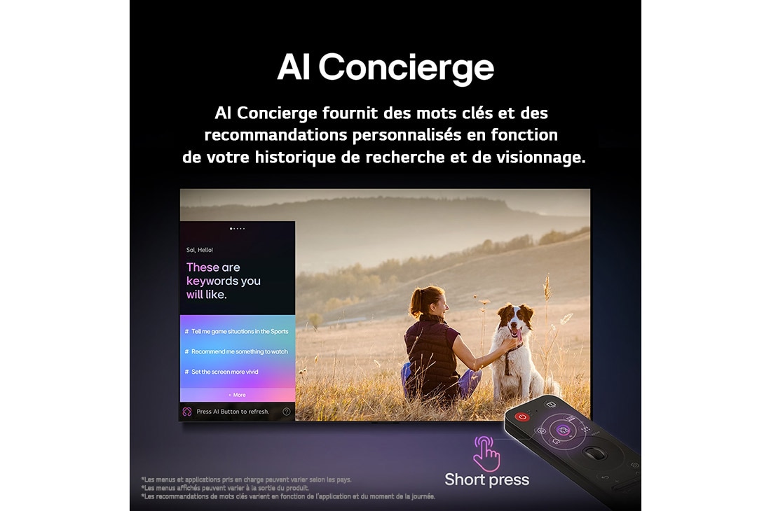 LG Smart TV LG OLED evo AI 4K G5 2025 48 pouces, Télécommande AI Magic Remote de LG en face d’un écran de LG TV. L’écran affiche un message d’accueil personnalisé de LG AI avec des mots clés personnalisés en fonction de l’historique de recherche et , OLED48G56LS, thumbnail 12
