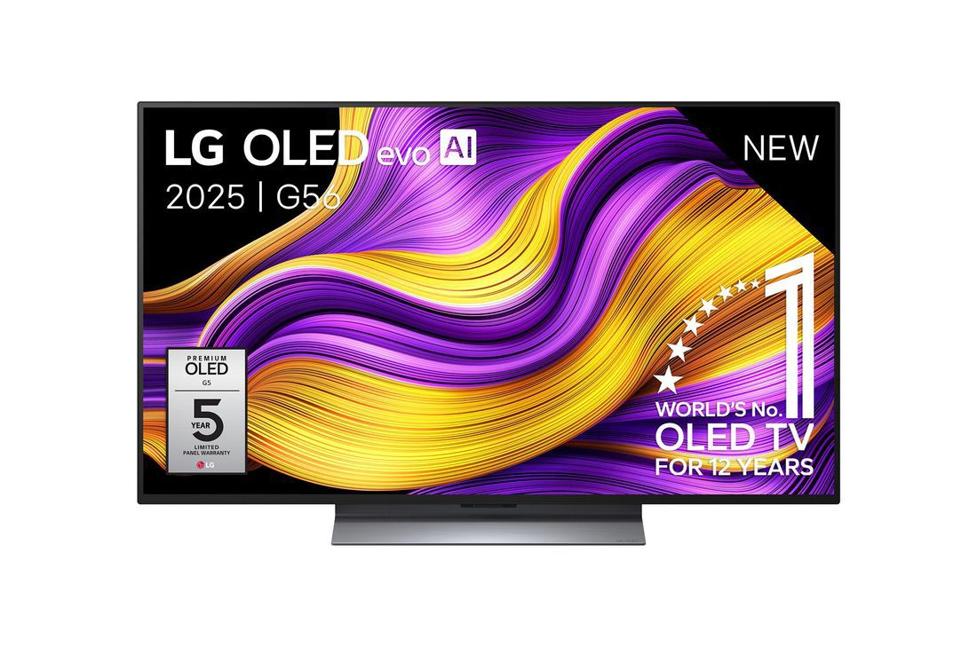 LG Smart TV LG OLED evo AI 4K G5 2025 48 pouces, Vue avant de la Smart TV LG OLED evo AI G5 4K. L’emblème OLED numéro 1 dans le monde pendant 12 ans et le logo LG OLED evo AI 2025 sont à l’écran., OLED48G56LS