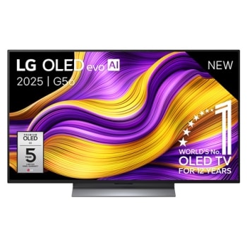 Vue avant de la Smart TV LG OLED evo AI G5 4K. L’emblème OLED numéro 1 dans le monde pendant 12 ans et le logo LG OLED evo AI 2025 sont à l’écran.