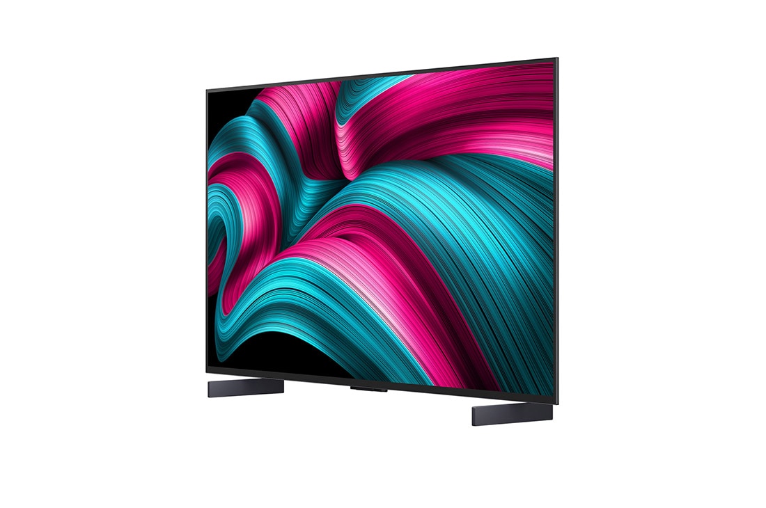 LG Smart TV LG OLED evo AI 4K C5E 2025 42 pouces, Vue avant et latérale de la Smart TV LG OLED evo AI C5 4K montrant ses dimensions de longueur, largeur, hauteur et profondeur., OLED42C5ELB, thumbnail 4