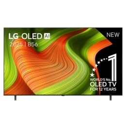 Vue avant de la Smart TV LG OLED AI B5 4K. L’emblème OLED numéro 1 dans le monde pendant 12 ans et le logo LG OLED AI 2025 sont à l’écran.2