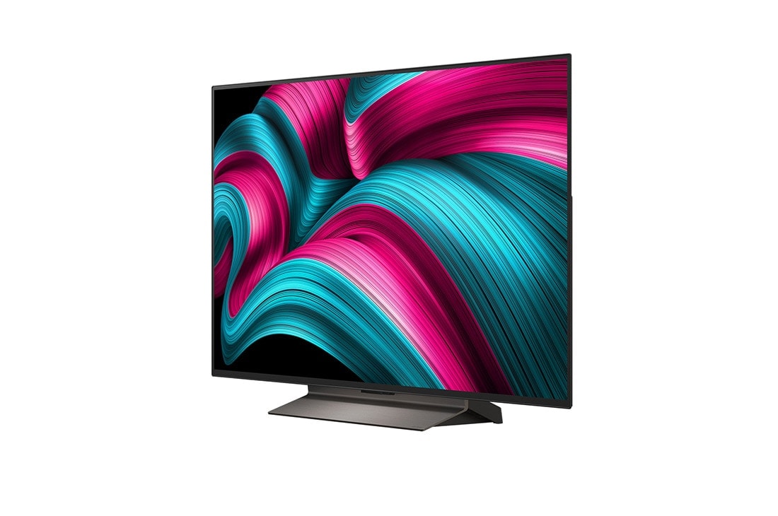 LG Smart TV LG OLED evo AI 4K C5E 2025 48 pouces, Vue avant et latérale de la Smart TV LG OLED evo AI C5 4K montrant ses dimensions de longueur, largeur, hauteur et profondeur., OLED48C5ELB, thumbnail 4