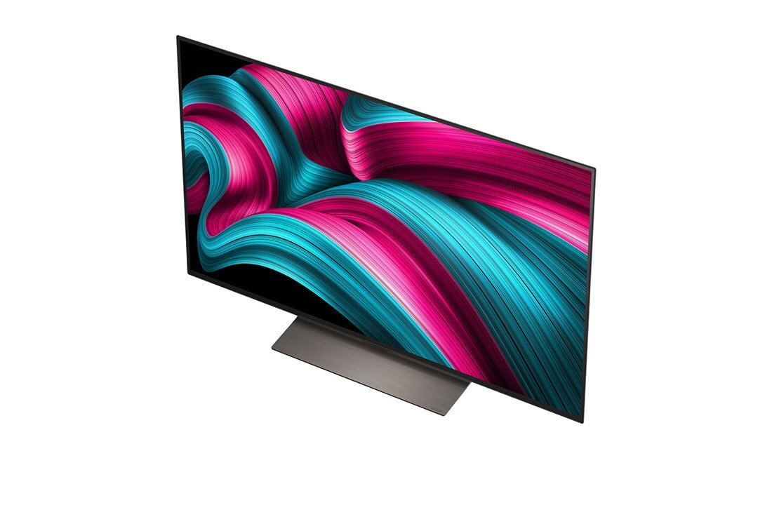 LG Smart TV LG OLED evo AI 4K C5E 2025 48 pouces, Feu de camp la nuit en plein milieu de la nature. Au loin se trouve une forêt et un lac. Le ciel nocturne est rempli d’étoiles. Toute la scène est divisée en deux. Un côté est plus sombre et plus tern, OLED48C5ELB, thumbnail 6