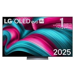 Front view of LG OLED evo AI C5 4K Smart TV. 12 Years of world number 1 OLED emblem and LG OLED evo AI 2025 logo are on the screen.2