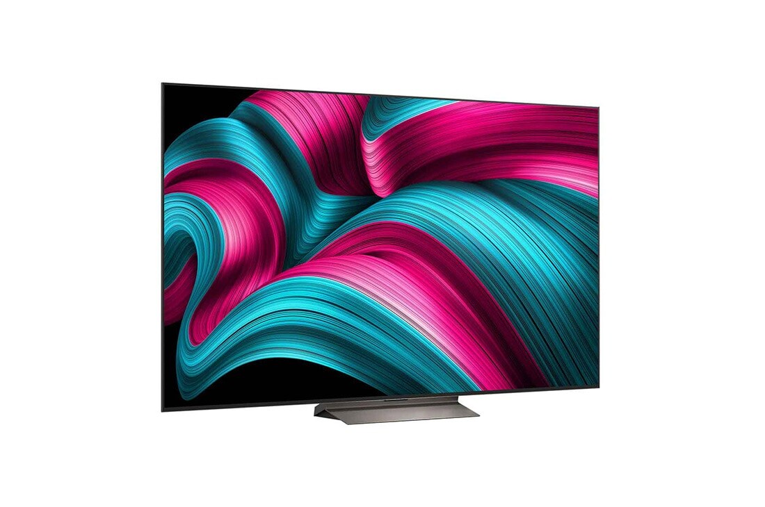 LG Smart TV LG OLED evo AI 4K C5E 2025 77 pouces, Vue avant et latérale de la Smart TV LG OLED evo AI C5 4K montrant ses dimensions de longueur, largeur, hauteur et profondeur., OLED77C5ELB, thumbnail 4