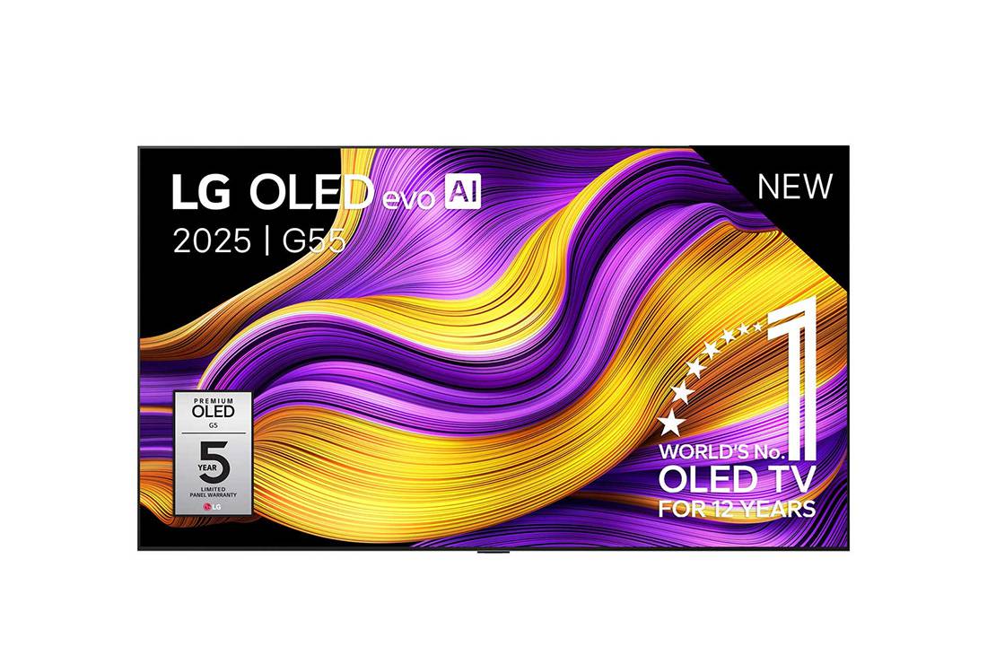 LG Smart TV LG OLED evo AI 4K G5 2025 83 pouces, Vue avant de la Smart TV LG OLED evo AI G5 4K. L’emblème OLED numéro 1 dans le monde pendant 12 ans et le logo LG OLED evo AI 2025 sont à l’écran., OLED83G55LW