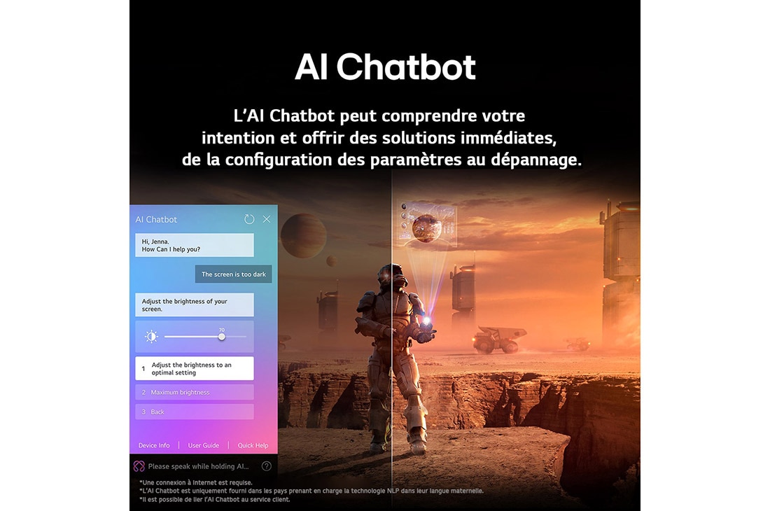 LG Smart TV LG OLED evo AI 4K G5 2025 77 pouces, Du contenu de science-fiction est diffusé sur un écran de LG TV. Sur l’écran se trouve l’interface AI Chatbot. L’utilisateur a envoyé un message au Chatbot indiquant que l’écran est trop sombre. Le Ch, OLED77G55LW, thumbnail 15