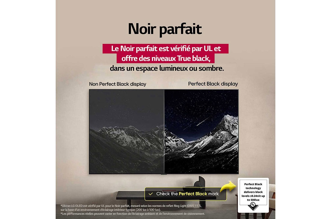 LG Smart TV LG OLED evo AI 4K G5 2025 77 pouces, Espace salon avec une LG OLED TV à fixation murale. Sur la TV se trouve une chaîne de montagnes face à un ciel sombre et nocturne rempli d’étoiles. Cette scène est divisée en deux pour montrer comment, OLED77G55LW, thumbnail 12