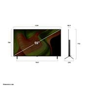 LG Smart TV LG OLED AI 4K B5 2025 55 pouces, Vue avant et latérale de la Smart TV LG OLED AI B5 4K montrant ses dimensions de longueur, largeur, hauteur et profondeur., OLED55B56LA, thumbnail 4
