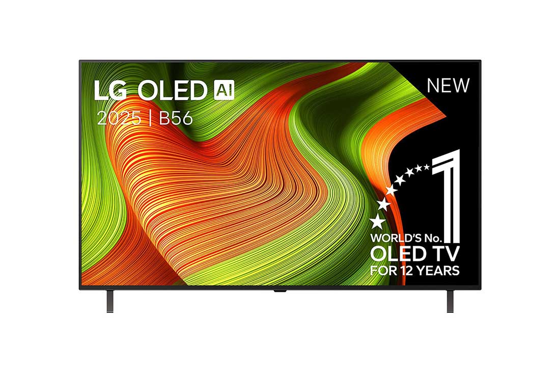 LG Smart TV LG OLED AI 4K B5 2025 55 pouces, Vue avant de la Smart TV LG OLED AI B5 4K. L’emblème OLED numéro 1 dans le monde pendant 12 ans et le logo LG OLED AI 2025 sont à l’écran., OLED55B56LA