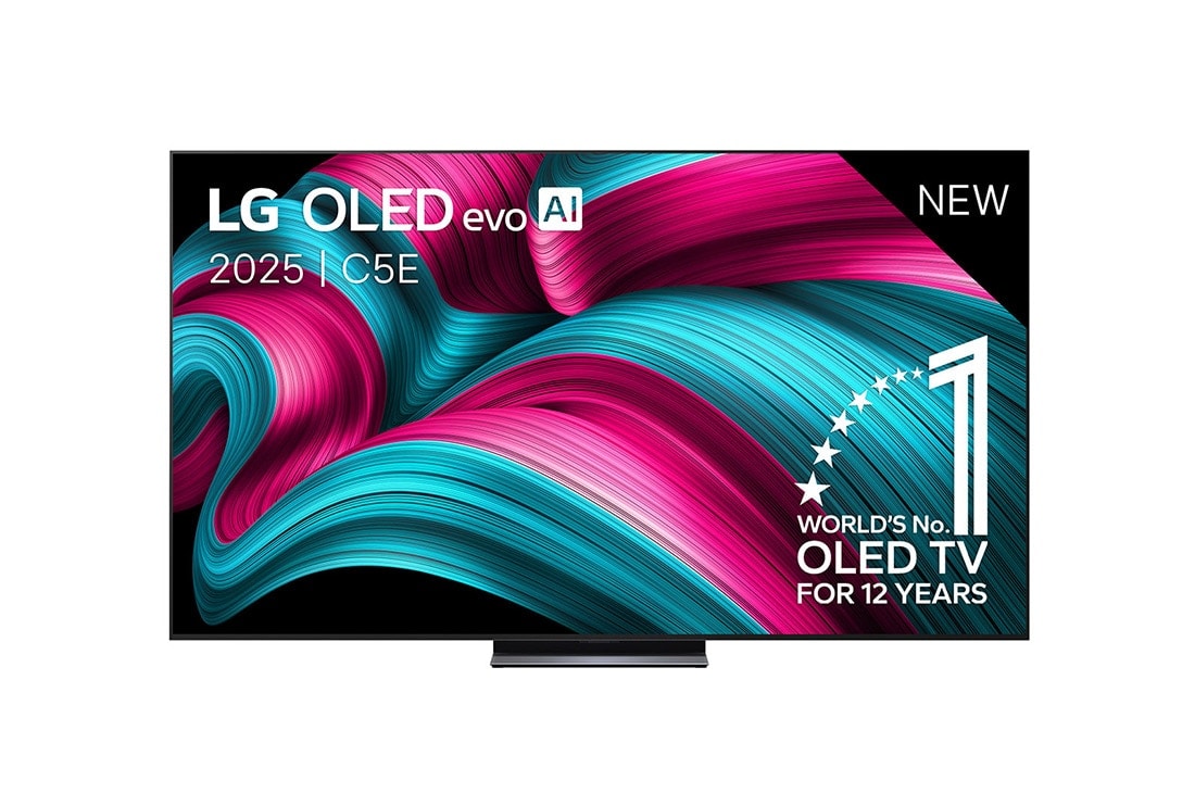 LG Smart TV LG OLED evo AI 4K C5E 2025 83 pouces, Vue avant de la Smart TV LG OLED evo AI C5 4K. L’emblème OLED numéro 1 dans le monde pendant 12 ans et le logo LG OLED evo AI 2025 sont à l’écran., OLED83C5ELA
