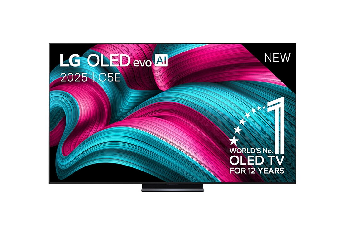 LG Smart TV LG OLED evo AI 4K C5E 2025 83 pouces, Vue avant de la Smart TV LG OLED evo AI C5 4K. L’emblème OLED numéro 1 dans le monde pendant 12 ans et le logo LG OLED evo AI 2025 sont à l’écran., OLED83C5ELA