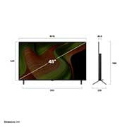 LG Smart TV LG OLED AI 4K B5 2025 48 pouces, Vue avant et latérale de la Smart TV LG OLED AI B5 4K montrant ses dimensions de longueur, largeur, hauteur et profondeur., OLED48B56LA, thumbnail 4