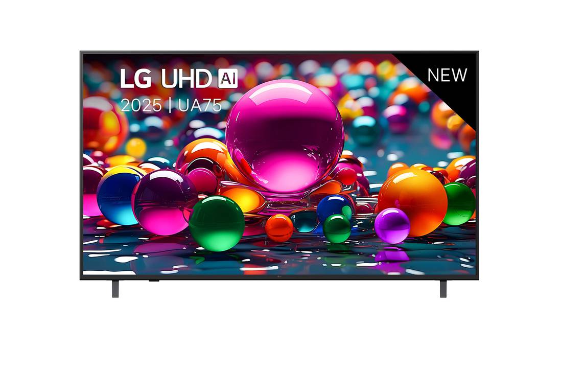 LG Smart TV LG UHD AI UA75 4K 2025 75 pouces, Vue avant d’une TV UHD UA75, logo LG UHD Al dans le coin supérieur. La LG UHD TV représente des textures colorées semblables à de la peinture, réunies., 75UA75006LA