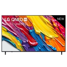 Vue avant de la LG QNED82 TV, logo LG QNED Al, dans le coin supérieur. La LG QNED TV représente des textures colorées semblables à de la peinture, réunies.2