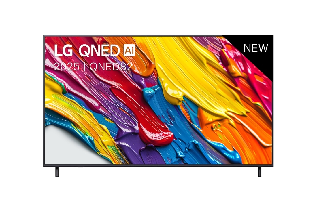 LG Smart TV LG QNED AI QNED82 4K 2025 75 pouces, Vue avant de la LG QNED82 TV, logo LG QNED Al, dans le coin supérieur. La LG QNED TV représente des textures colorées semblables à de la peinture, réunies., 75QNED82A6B