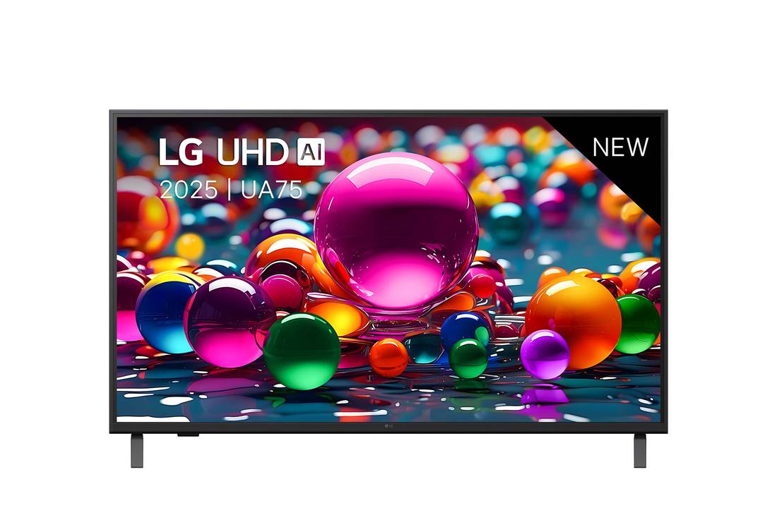 LG Smart TV LG UHD AI UA75 4K 2025 43 pouces, Vue avant d’une TV UHD UA75, logo LG UHD Al dans le coin supérieur. La LG UHD TV représente des textures colorées semblables à de la peinture, réunies., 43UA75006LA