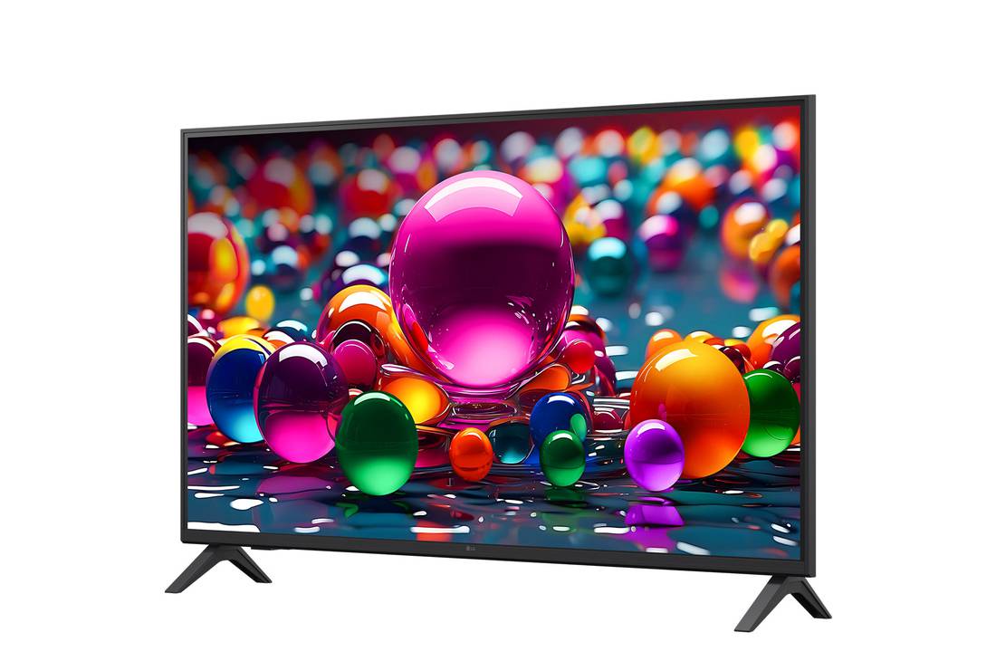 LG Smart TV LG UHD AI UA75 4K 2025 43 pouces, Vue avant et latérale de la Smart TV LG UHD AI UA75 4K montrant ses dimensions de longueur, largeur, hauteur et profondeur., 43UA75006LA, thumbnail 5