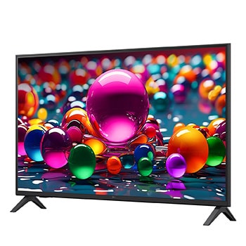 LG Smart TV LG UHD AI UA75 4K 2025 43 pouces, Vue avant et latérale de la Smart TV LG UHD AI UA75 4K montrant ses dimensions de longueur, largeur, hauteur et profondeur., 43UA75006LA, thumbnail 5