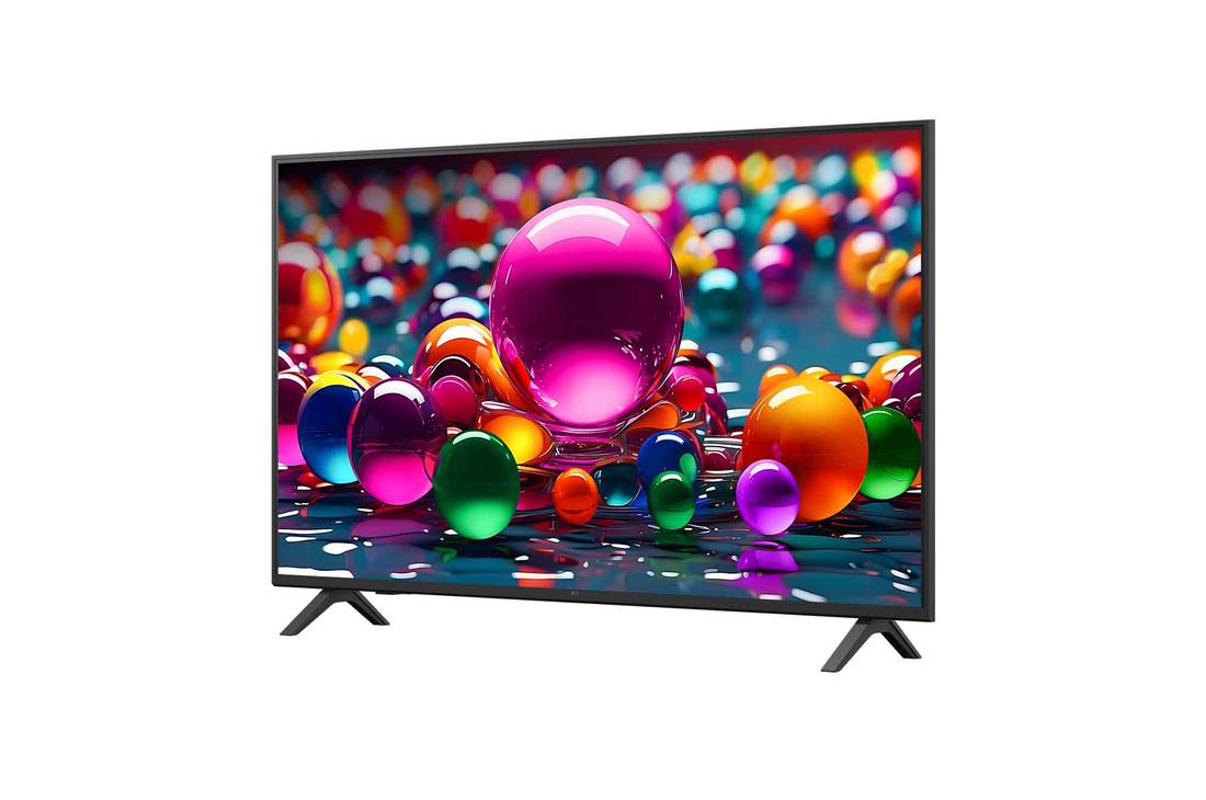 LG Smart TV LG UHD AI UA75 4K 2025 50 pouces, Vue avant et latérale de la Smart TV LG UHD AI UA75 4K montrant ses dimensions de longueur, largeur, hauteur et profondeur., 50UA75006LA, thumbnail 5