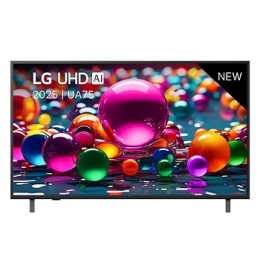 Vue avant d’une TV UHD UA75, logo LG UHD Al dans le coin supérieur. La LG UHD TV représente des textures colorées semblables à de la peinture, réunies.2