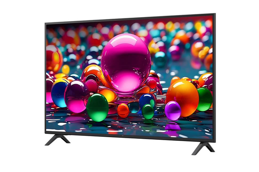 LG Smart TV LG UHD AI UA75 4K 2025 55 pouces, Vue avant et latérale de la Smart TV LG UHD AI UA75 4K montrant ses dimensions de longueur, largeur, hauteur et profondeur., 55UA75006LA, thumbnail 5