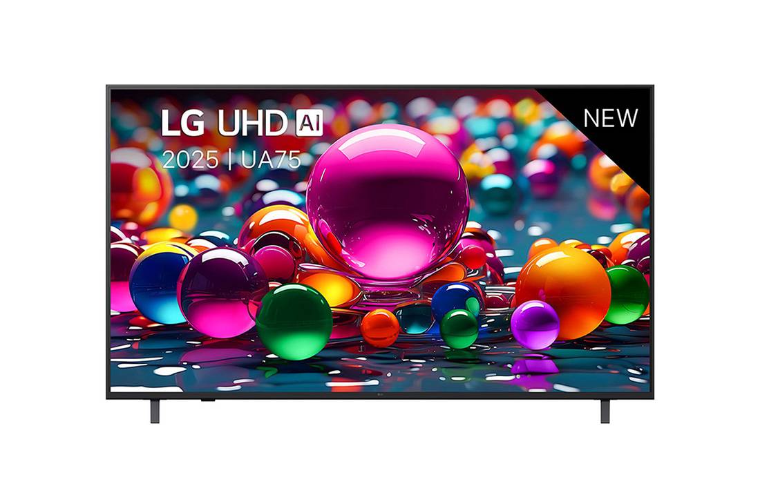 LG Smart TV LG UHD AI UA75 4K 2025 65 pouces, Vue avant d’une TV UHD UA75, logo LG UHD Al dans le coin supérieur. La LG UHD TV représente des textures colorées semblables à de la peinture, réunies., 65UA75006LA