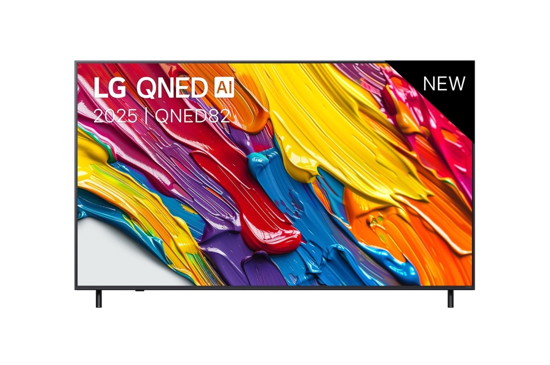 LG Smart TV LG QNED AI QNED82 4K 2025 50 pouces, Vue avant de la LG QNED82 TV, logo LG QNED Al, dans le coin supérieur. La LG QNED TV représente des textures colorées semblables à de la peinture, réunies., 50QNED82A6B