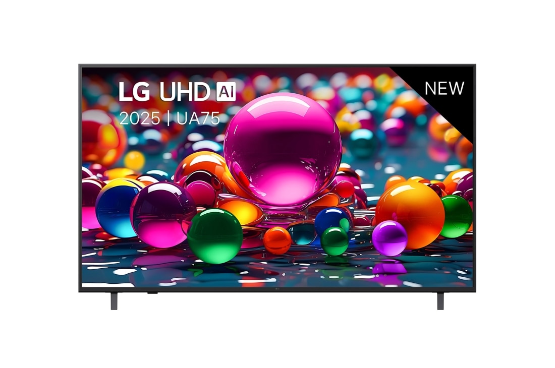 LG Smart TV LG UHD AI UA75 4K 2025 86 pouces, Vue avant d’une TV UHD UA75, logo LG UHD Al dans le coin supérieur. La LG UHD TV représente des textures colorées semblables à de la peinture, réunies., 86UA75006LA