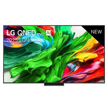 Vue avant de la TV LG QNED evo QNED86, logo LG QNED evo Al, dans le coin supérieur. La TV LG QNED evo QNED85 représente des textures colorées semblables à de la peinture, réunies.
