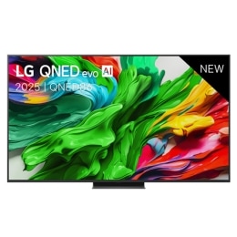 Vue avant de la TV LG QNED evo QNED86, logo LG QNED evo Al, dans le coin supérieur. La TV LG QNED evo QNED85 représente des textures colorées semblables à de la peinture, réunies.