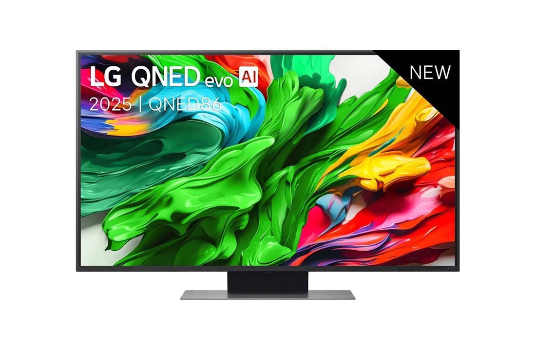 LG Smart TV LG QNED evo AI QNED86 MiniLED 4K 2025 50 pouces, Vue avant de la TV LG QNED evo QNED86, logo LG QNED evo Al, dans le coin supérieur. La TV LG QNED evo QNED85 représente des textures colorées semblables à de la peinture, réunies., 50QNED86A6C
