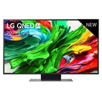 Vue avant de la TV LG QNED evo QNED86, logo LG QNED evo Al, dans le coin supérieur. La TV LG QNED evo QNED85 représente des textures colorées semblables à de la peinture, réunies.1