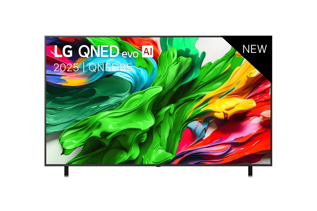 LG Smart TV LG QNED evo AI QNED85 MiniLED 4K 2025 75 pouces, Vue avant de la TV LG QNED evo QNED85, logo LG QNED evo Al, dans le coin supérieur. La TV LG QNED evo QNED85 représente des textures colorées semblables à de la peinture, réunies., 75QNED85A6C
