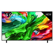 LG Smart TV LG QNED evo AI QNED85 MiniLED 4K 2025 75 pouces, Vue avant de la TV LG QNED evo QNED85, logo LG QNED evo Al, dans le coin supérieur. La TV LG QNED evo QNED85 représente des textures colorées semblables à de la peinture, réunies., 75QNED85A6C, thumbnail 1