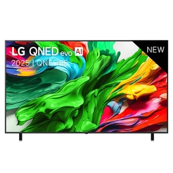 Vue avant de la TV LG QNED evo QNED85, logo LG QNED evo Al, dans le coin supérieur. La TV LG QNED evo QNED85 représente des textures colorées semblables à de la peinture, réunies.1