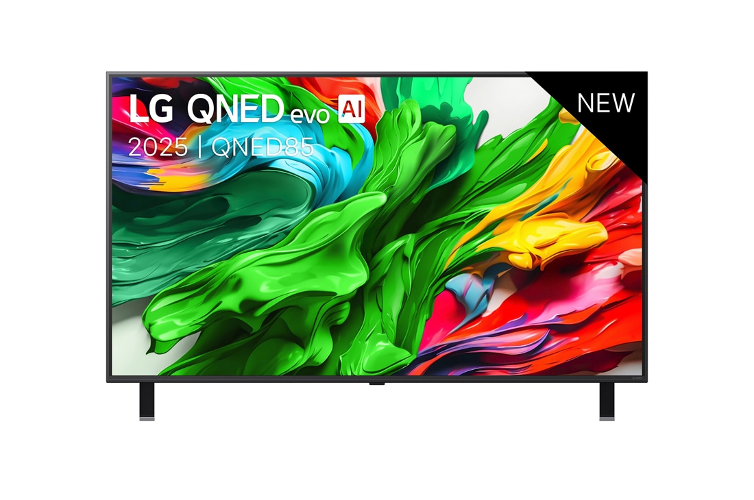 LG Smart TV LG QNED evo AI QNED85 MiniLED 4K 2025 55 pouces, Vue avant de la TV LG QNED evo QNED85, logo LG QNED evo Al, dans le coin supérieur. La TV LG QNED evo QNED85 représente des textures colorées semblables à de la peinture, réunies., 55QNED85A6C