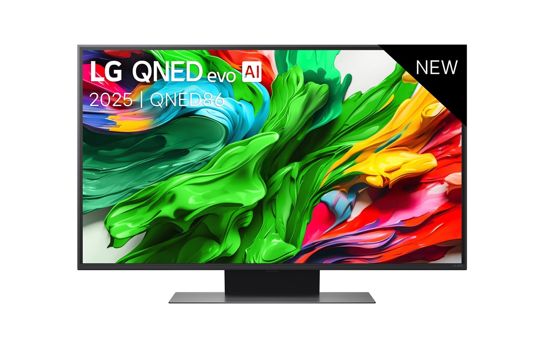 LG Smart TV LG QNED evo AI QNED86 MiniLED 4K 2025 43 pouces, Vue avant de la TV LG QNED evo QNED85, logo LG QNED evo Al, dans le coin supérieur. La TV LG QNED evo QNED85 représente des textures colorées semblables à de la peinture, réunies., 43QNED86A6C