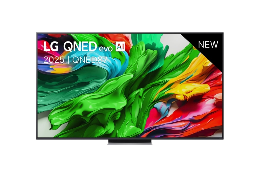 LG Smart TV LG QNED evo AI QNED87 MiniLED 4K 2025 65 pouces, Vue avant de la TV LG QNED evo QNED92, logo LG QNED evo Al, dans le coin supérieur. La TV LG QNED evo QNED92 représente des textures colorées semblables à de la peinture, réunies., 65QNED87A6B