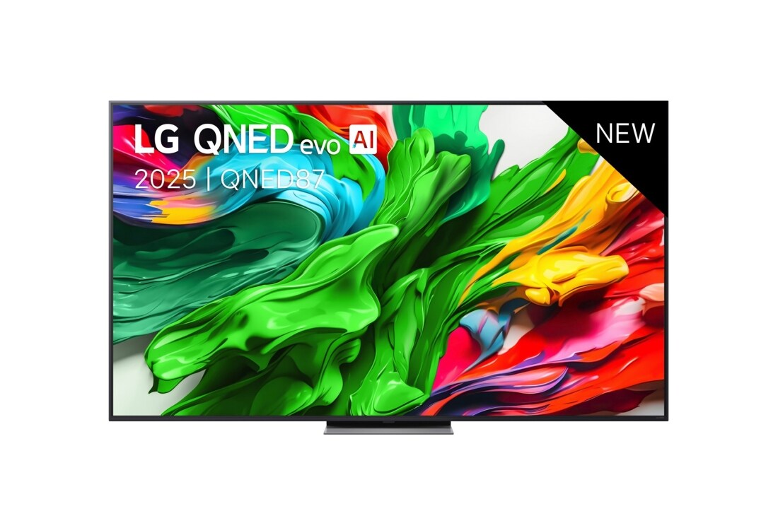 LG Smart TV LG QNED evo AI QNED87 MiniLED 4K 2025 75 pouces, Vue avant de la TV LG QNED evo QNED92, logo LG QNED evo Al, dans le coin supérieur. La TV LG QNED evo QNED92 représente des textures colorées semblables à de la peinture, réunies., 75QNED87A6B