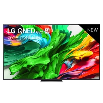 Vue avant de la TV LG QNED evo QNED86, logo LG QNED evo Al, dans le coin supérieur. La TV LG QNED evo QNED85 représente des textures colorées semblables à de la peinture, réunies.