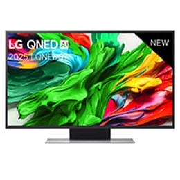 Vue avant de la TV LG QNED evo QNED86, logo LG QNED evo Al, dans le coin supérieur. La TV LG QNED evo QNED85 représente des textures colorées semblables à de la peinture, réunies.2