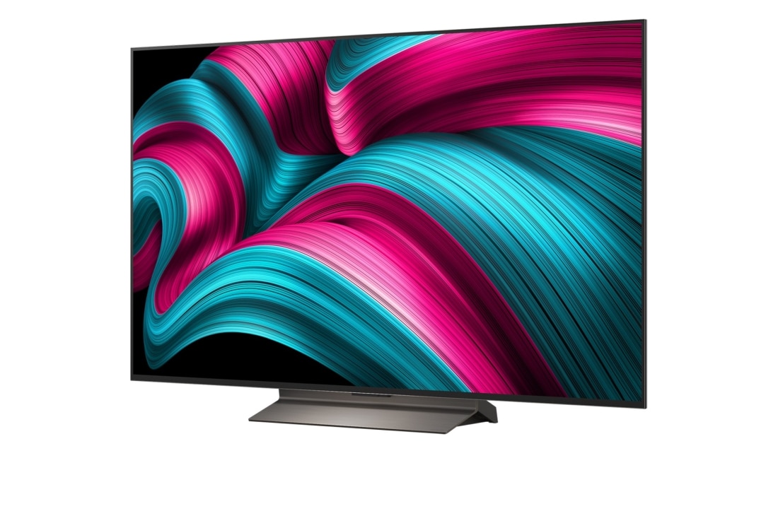LG Smart TV LG OLED evo AI 4K C5 2025 55 pouces, Vue avant et latérale de la Smart TV LG OLED evo AI C5 4K montrant ses dimensions de longueur, largeur, hauteur et profondeur., OLED55C56LB, thumbnail 5