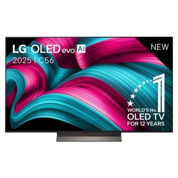 Front view of LG OLED evo AI C5 4K Smart TV. 12 Years of world number 1 OLED emblem and LG OLED evo AI 2025 logo are on the screen.
