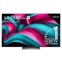 Front view of LG OLED evo AI C5 4K Smart TV. 12 Years of world number 1 OLED emblem and LG OLED evo AI 2025 logo are on the screen.